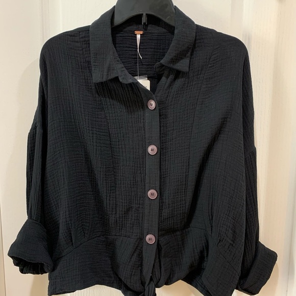 Free People  Sunstreaks Tie Front Shirt Top Black - Picture 1 of 8